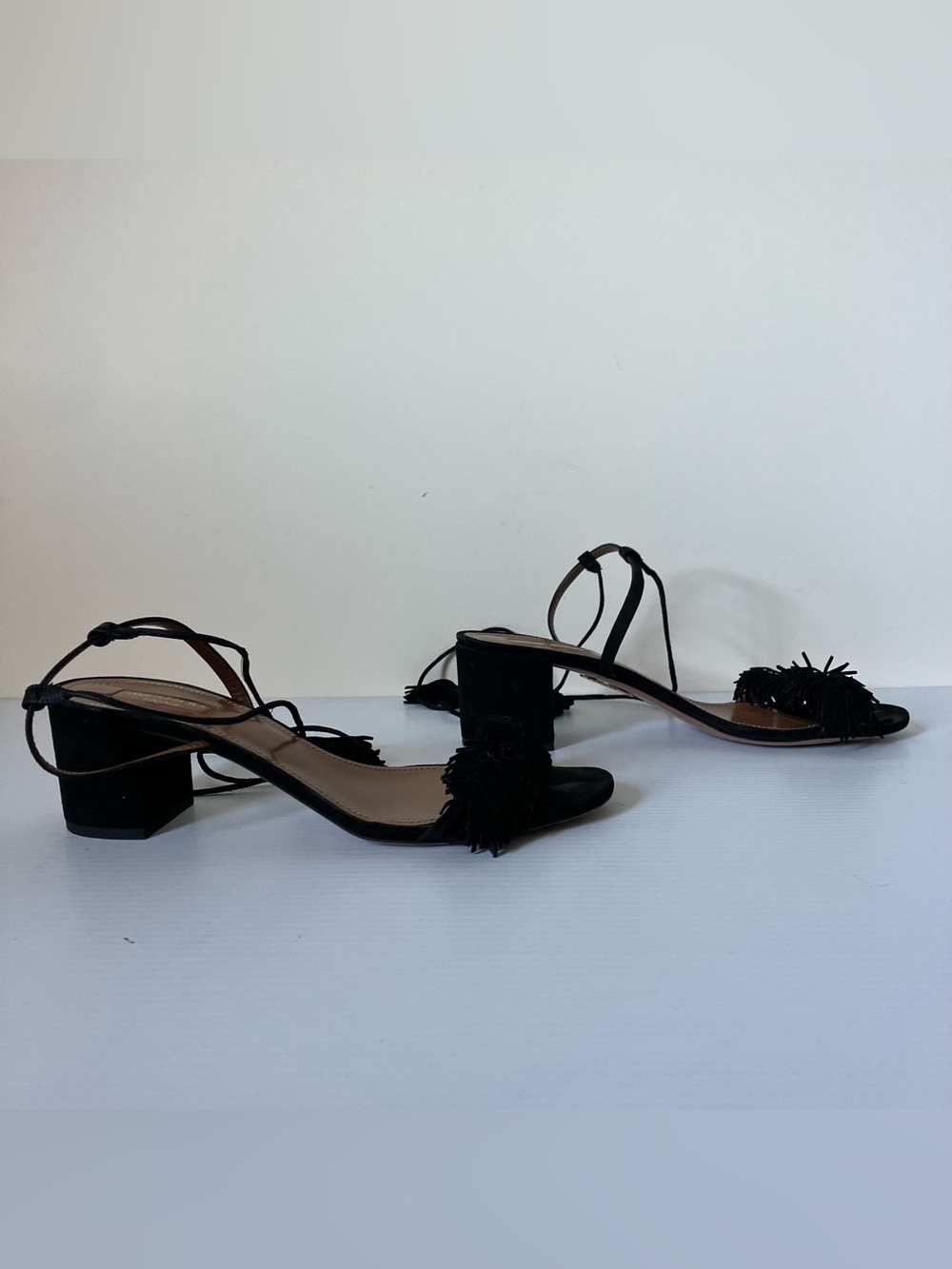Aquazzura Black Tassel Lace-Up Block Heel Sandals | Designer Heels size 40.5 - Picture 4 of 12